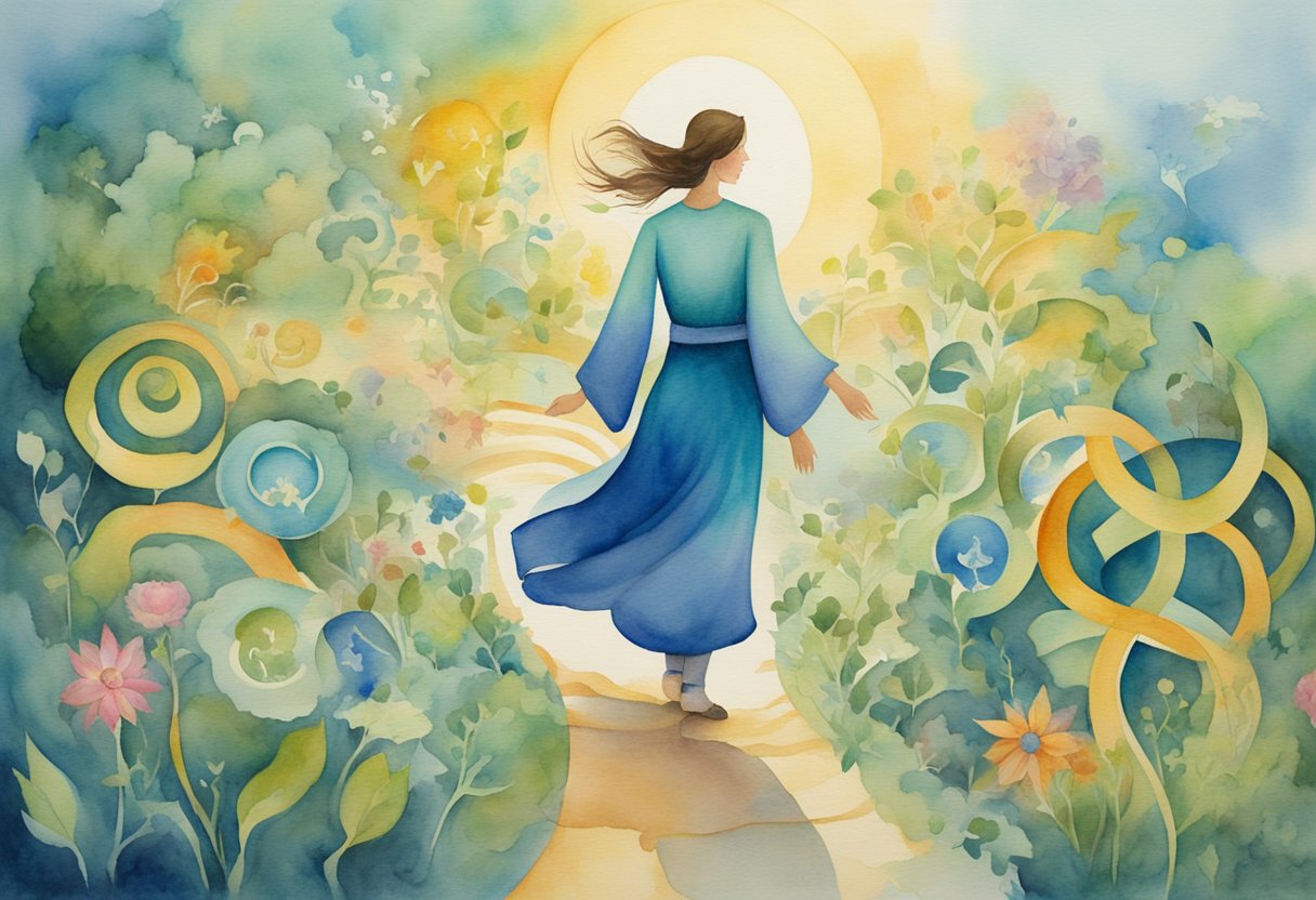 A digital watercolor of a woman walking through a whimsical garden