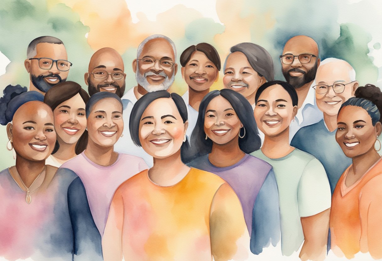 A digital watercolor ofl a group of happy people
