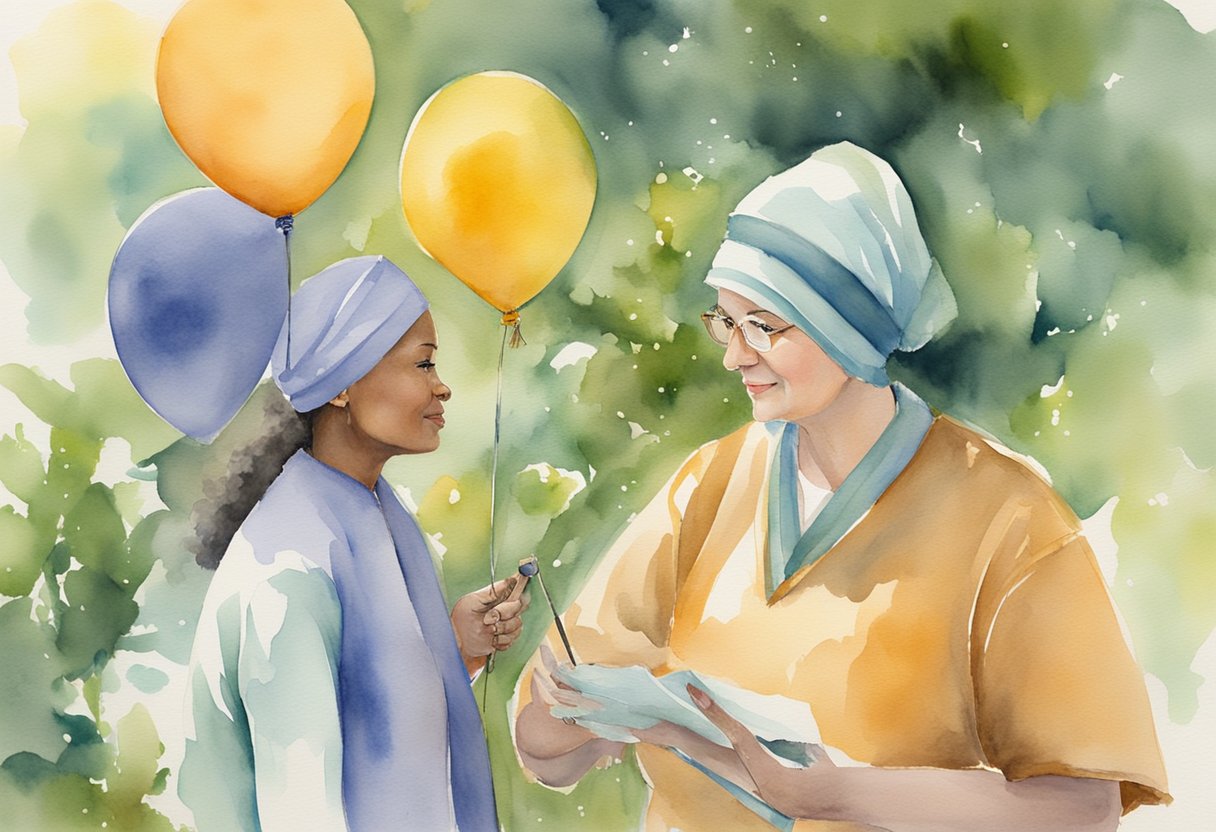 A digital watercolor of two nurses standing outside with balloons