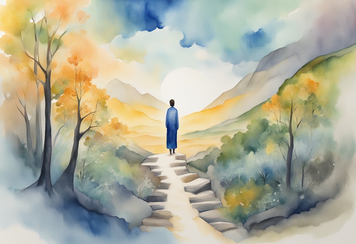 A digital watercolor of a man overlooking a mountain valley at sunrise