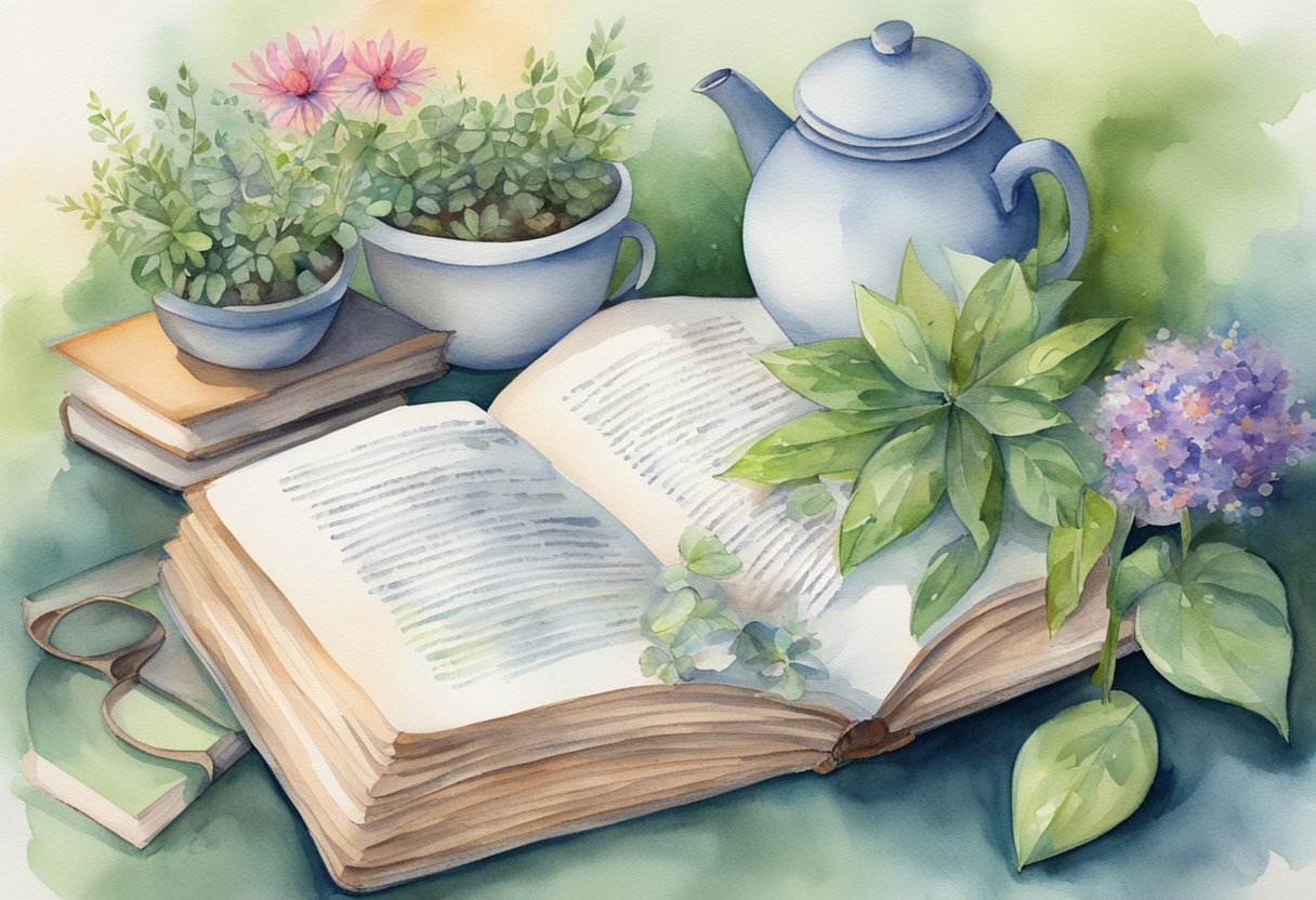 A digital watercolor of a book, teapot and succulents