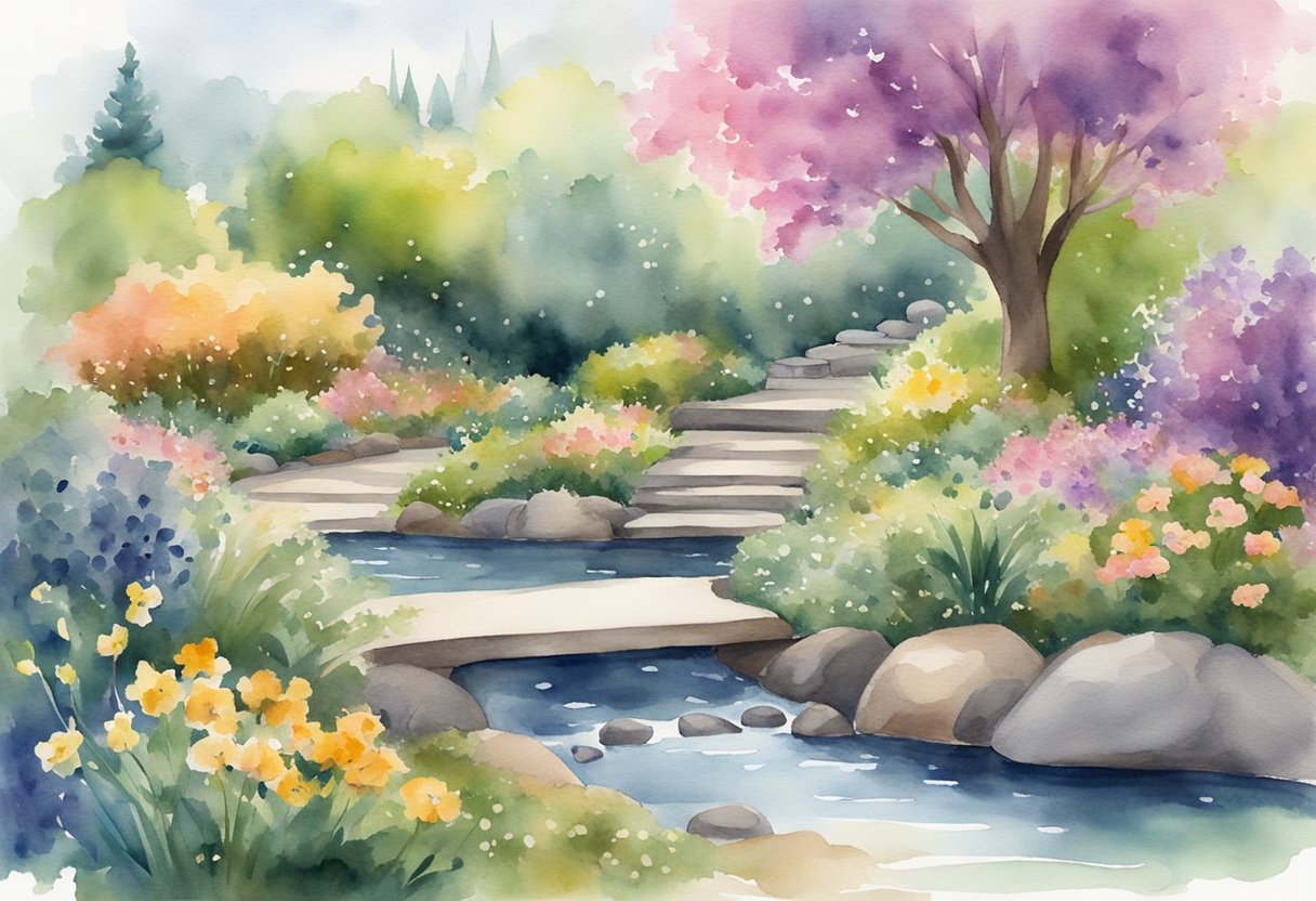 A digital watercolor of walkways around water with steps, blooming trees and flowers