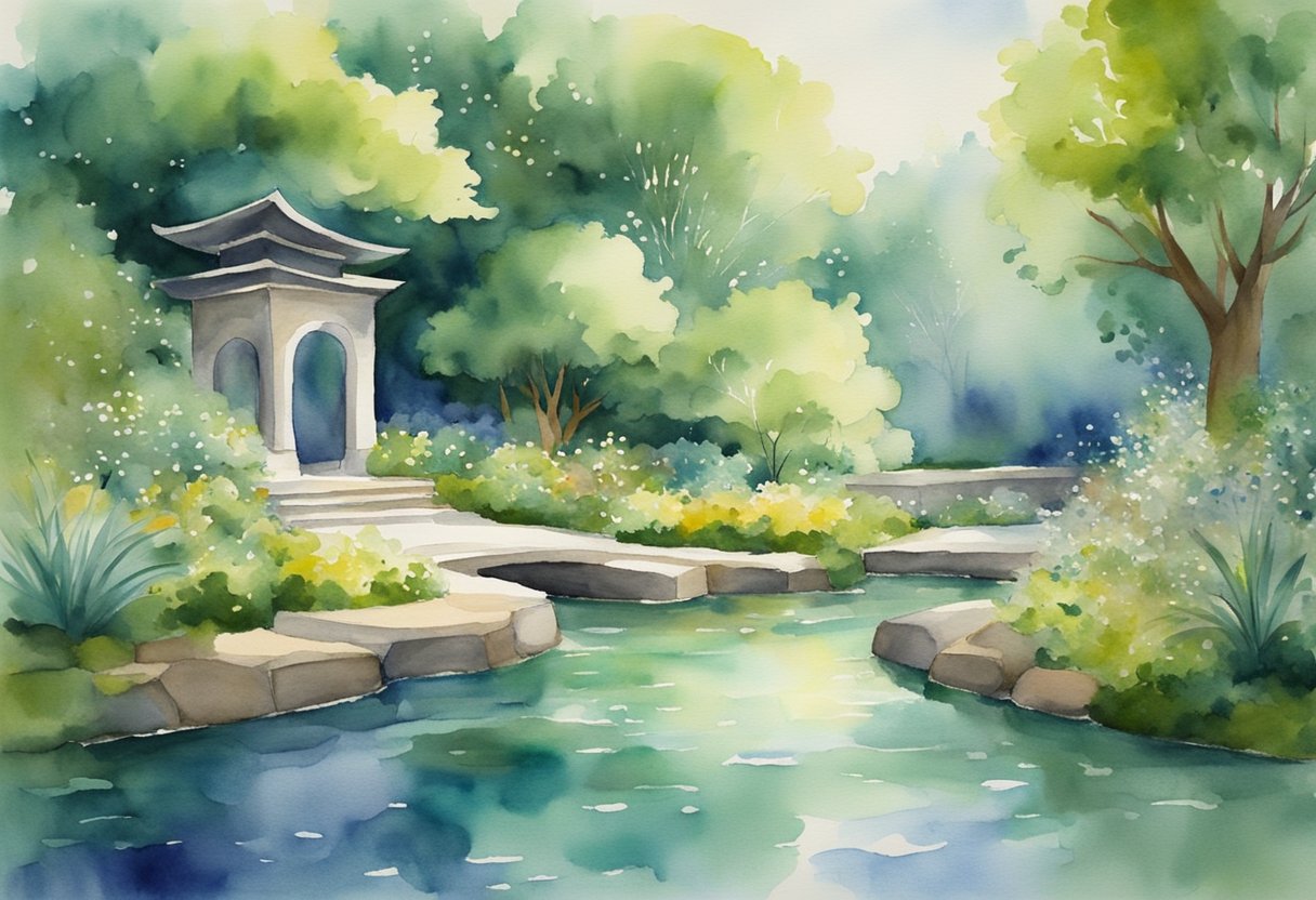A digital watercolor of a sereen park with water and pergola