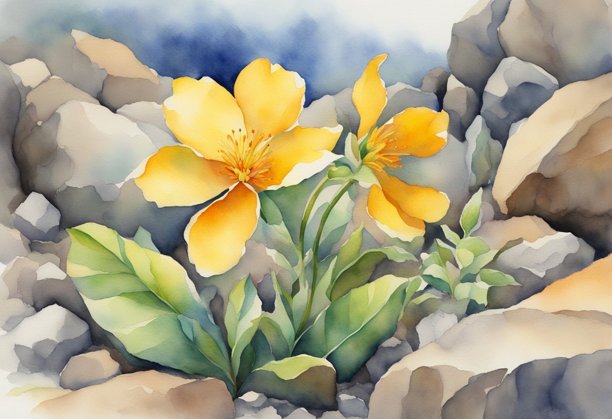 a digital watercolor of a flower growing out of rocks