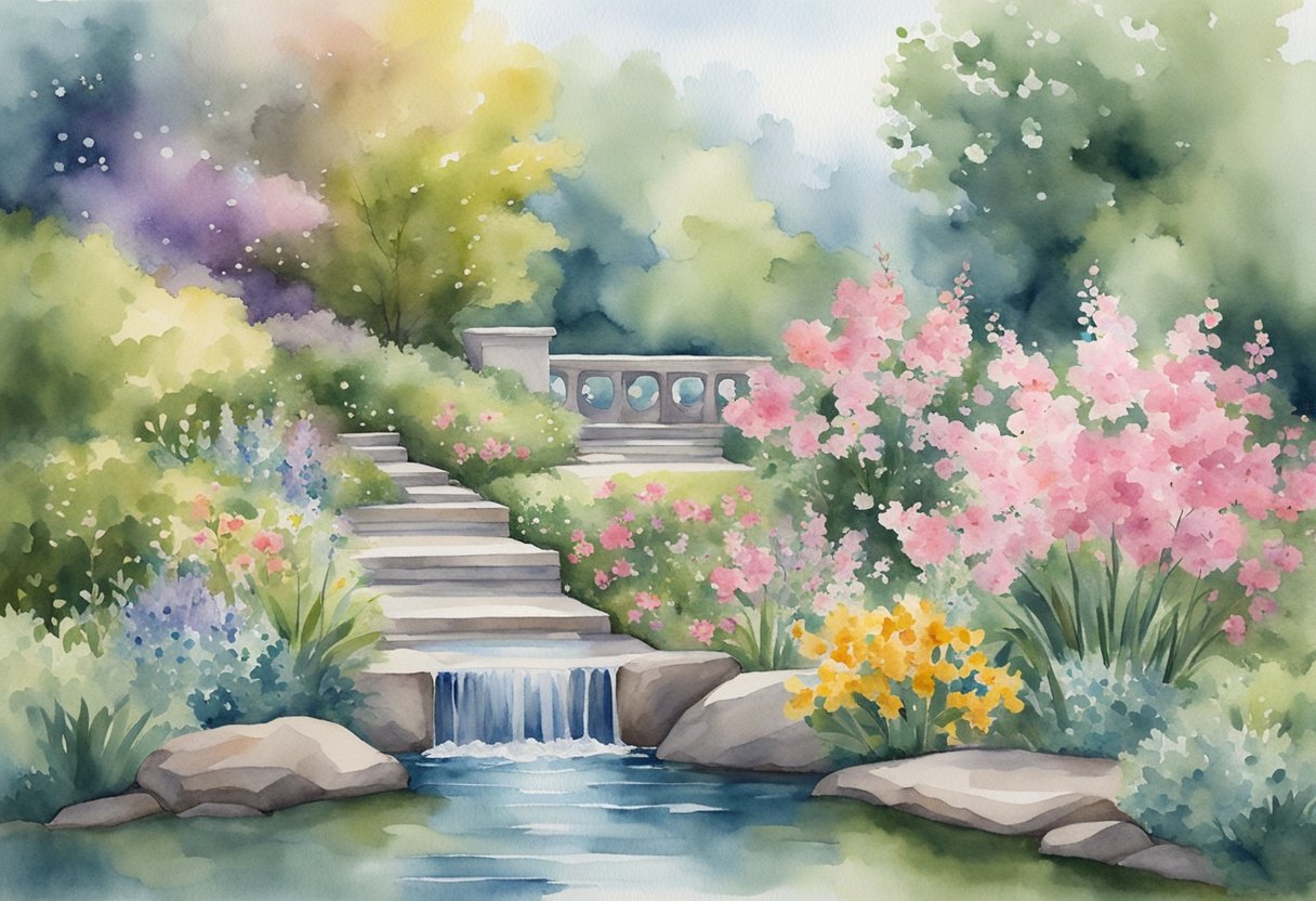 A digital watercolor of a manmade waterfall in a park