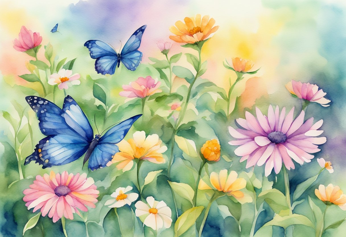 a digital watercolor of flowers and butterflys