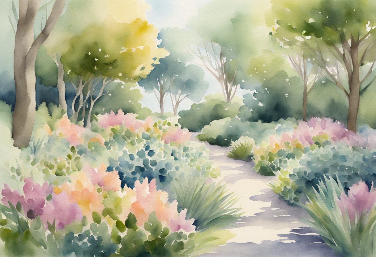 A digital watercolor of a walkway through a park