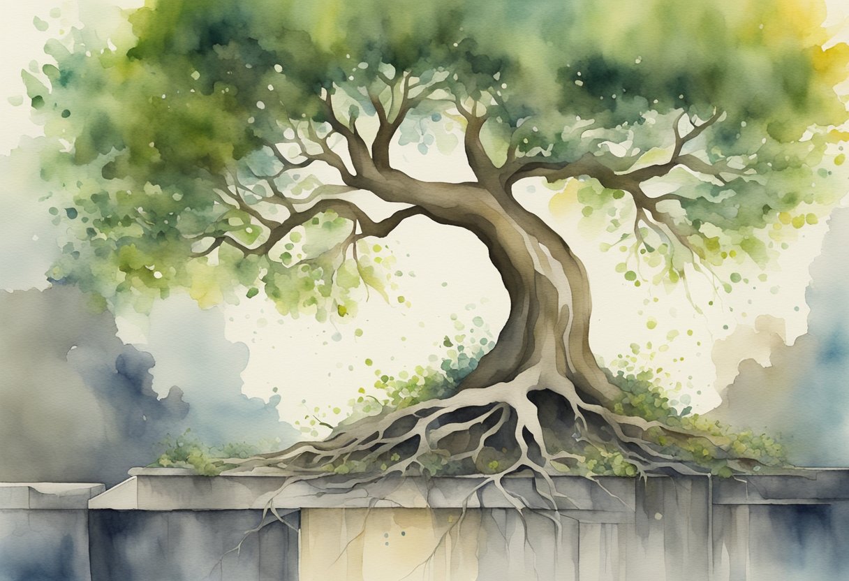 a digital watercolor of tree of life growing on concrete