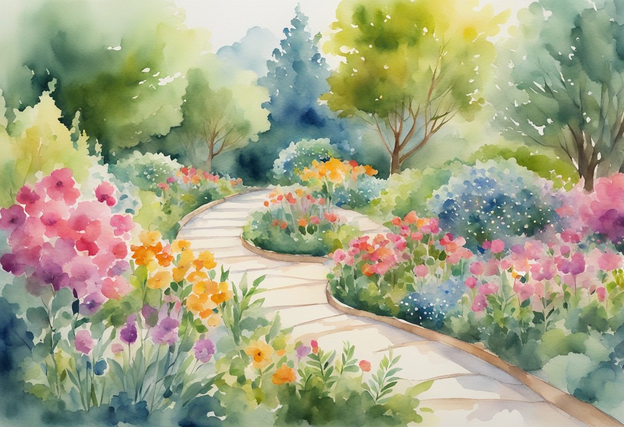 a digital watercolor of da walkway through a park
