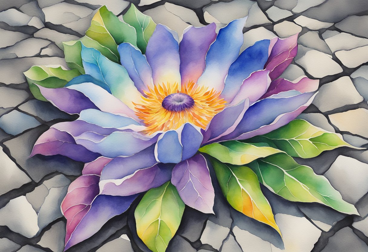 A digital watercolor of a flower growing in adverse conditions