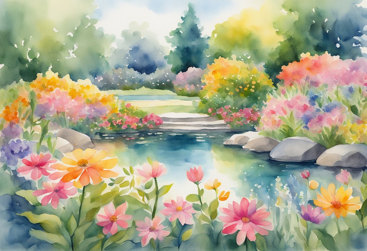 A digital watercolor of a pond with blooming flowers