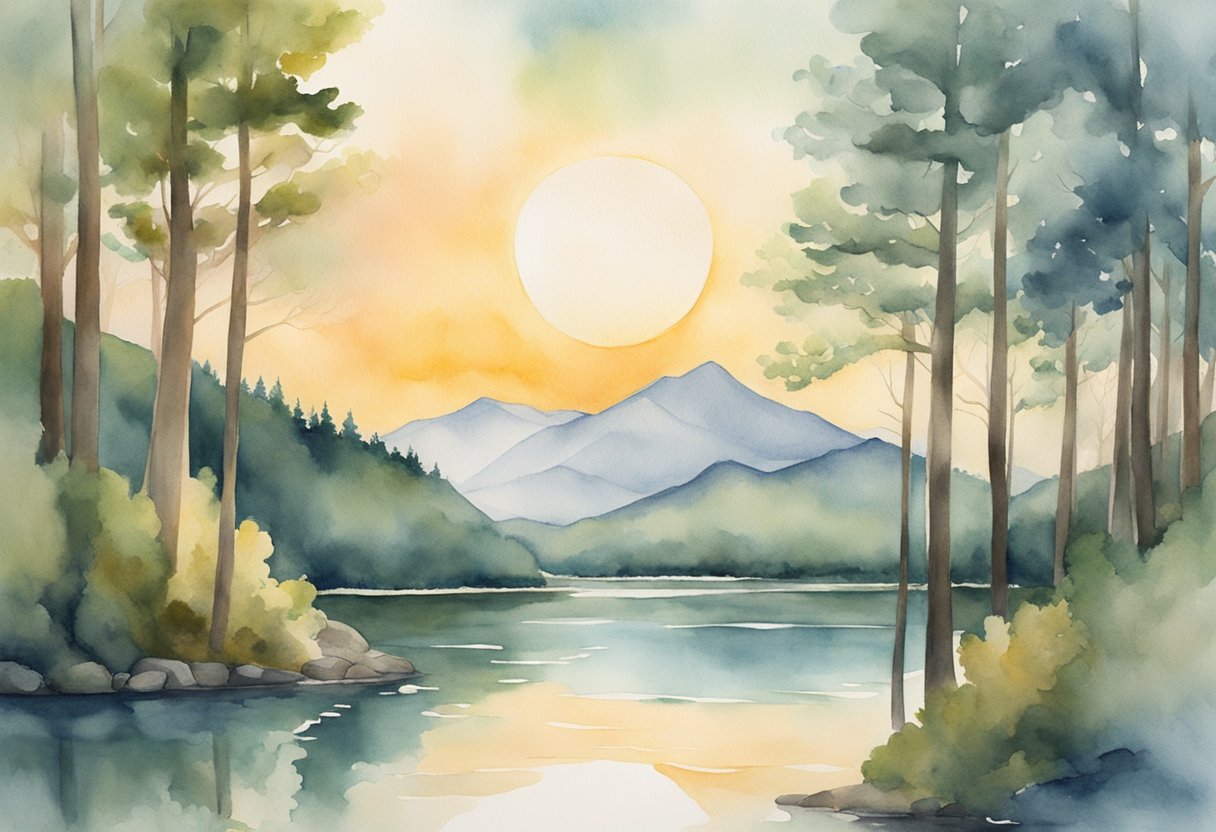 A digital watercolor of a setting sun over mountains/water