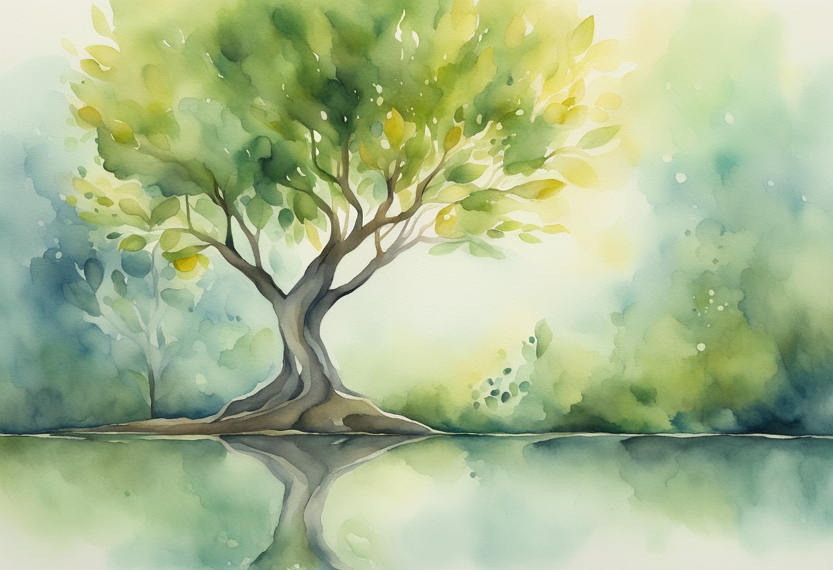 A digital watercolor of a tree and its reflection on water