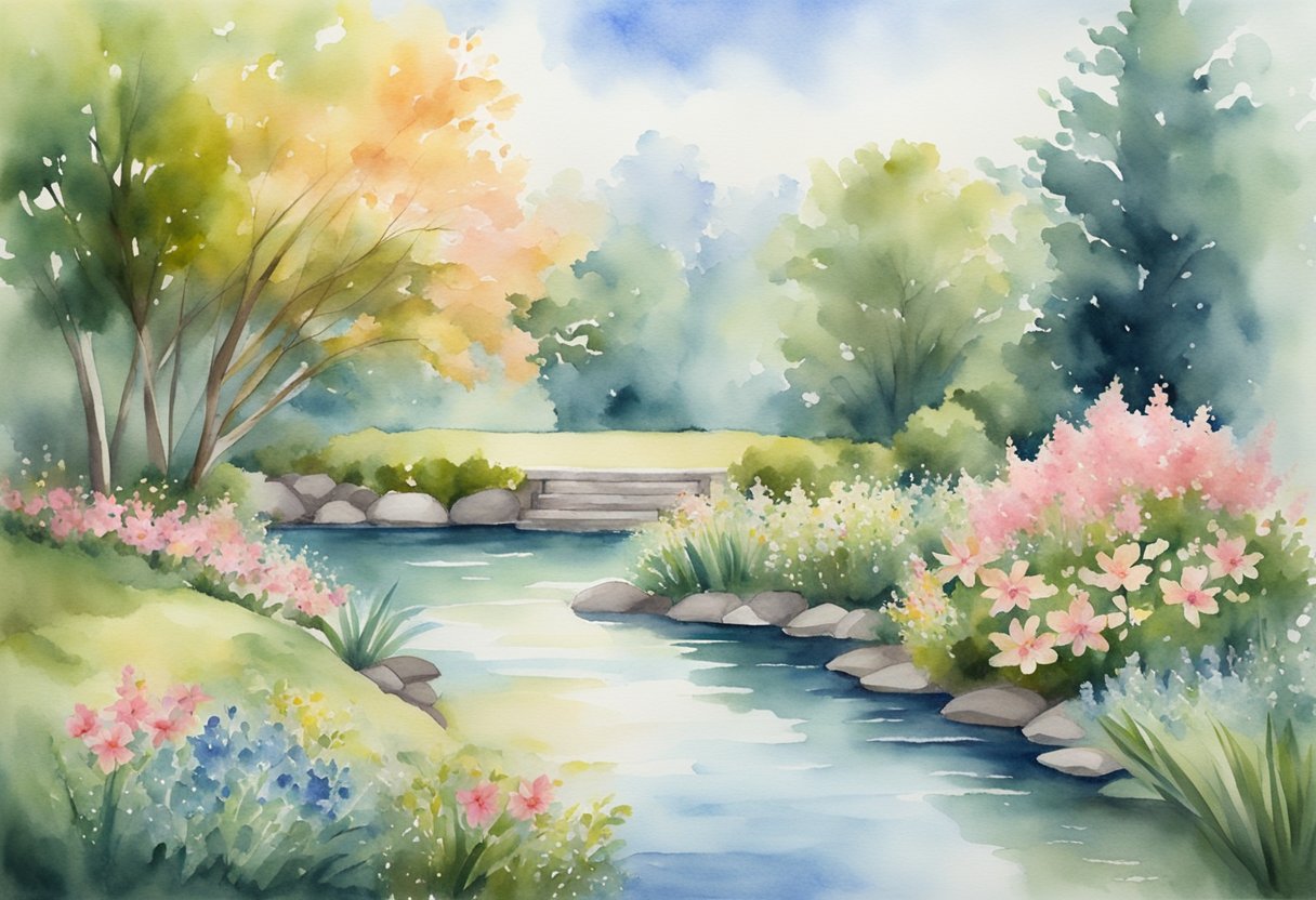 A digital watercolor of a stream with stairs in the distance