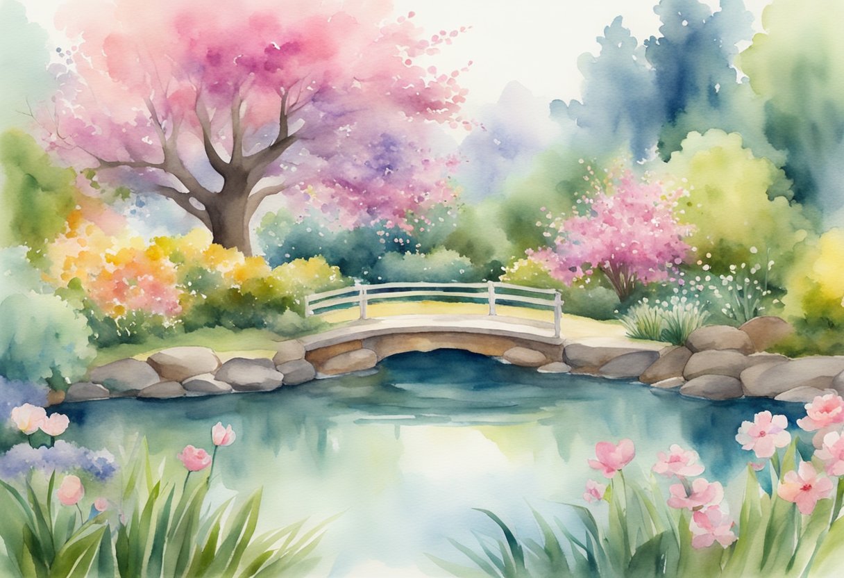 A digital watercolor of a bridge on a pond