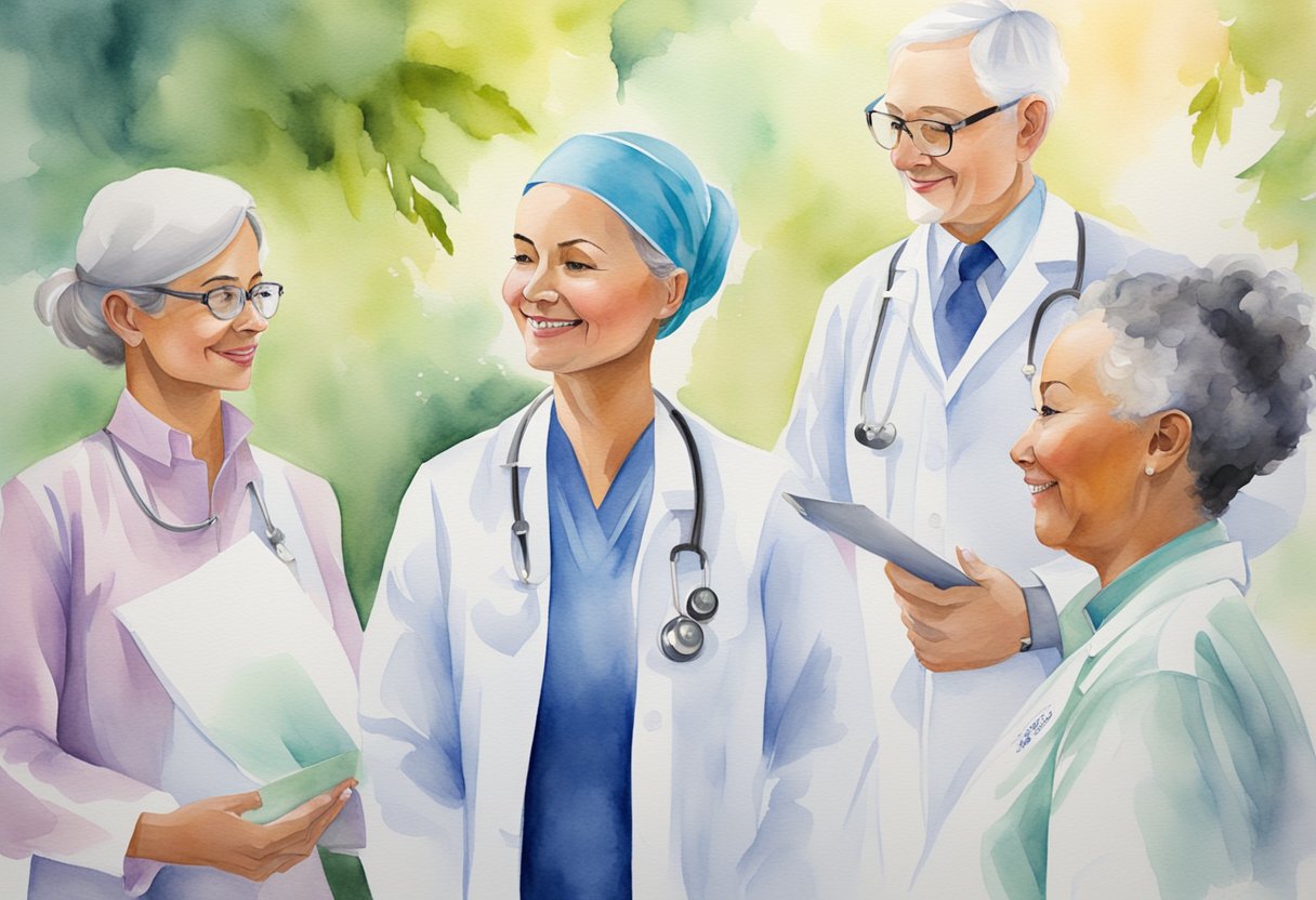 A digital watercolor of doctors outside