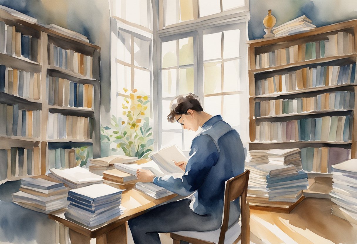A digital watercolor of a man reading in the library