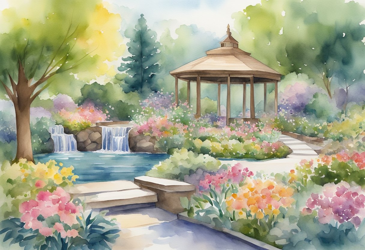 A digital watercolor of a great back yeard garden