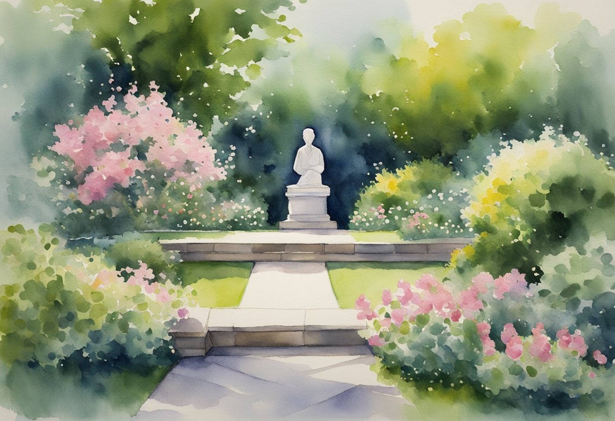 A digital watercolor of a garden with pathways and statue
