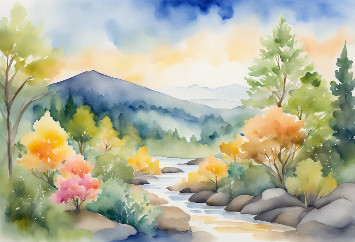 A digital watercolor of a river landscape
