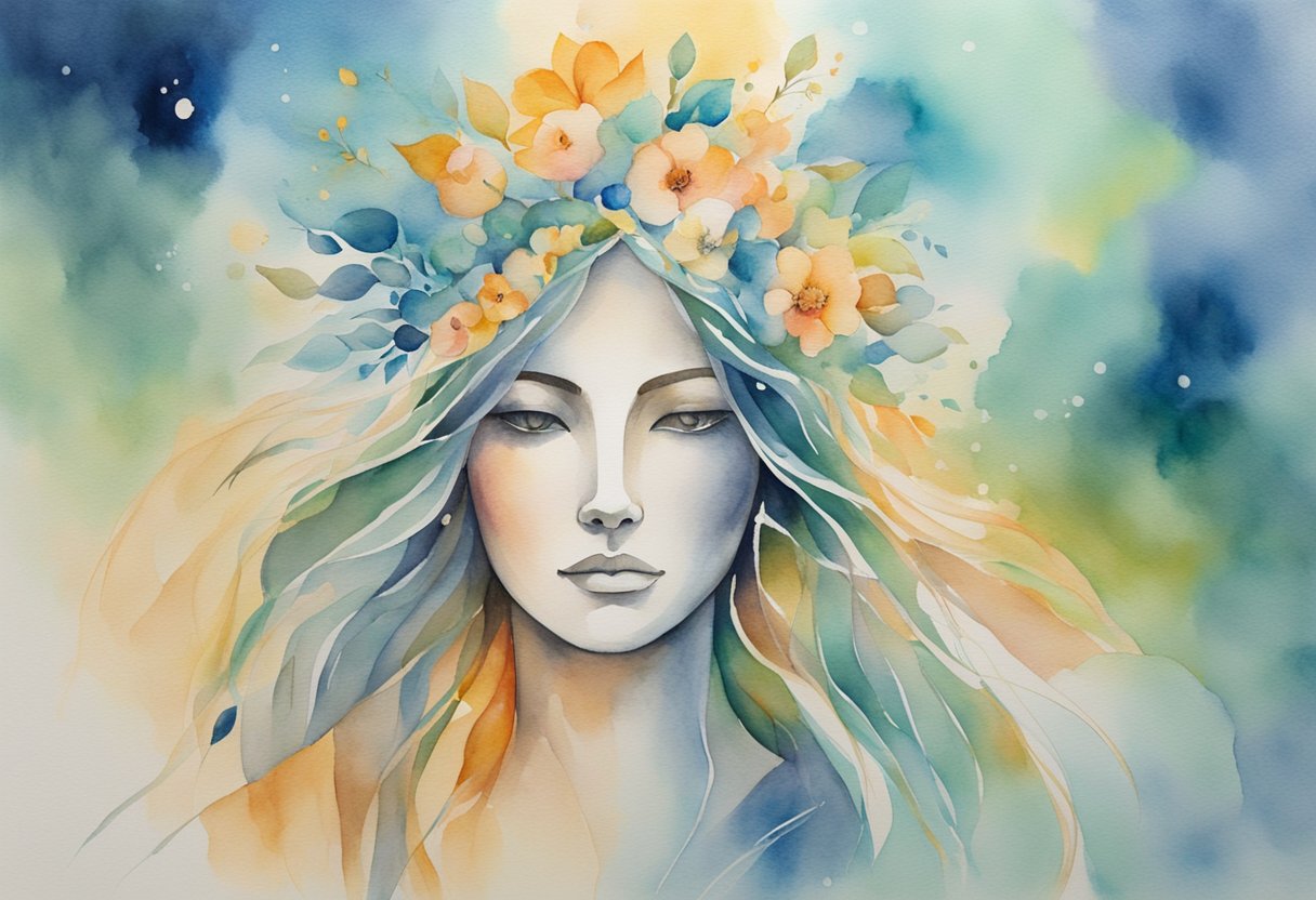 a digital watercolor of a cancer thriver goddess