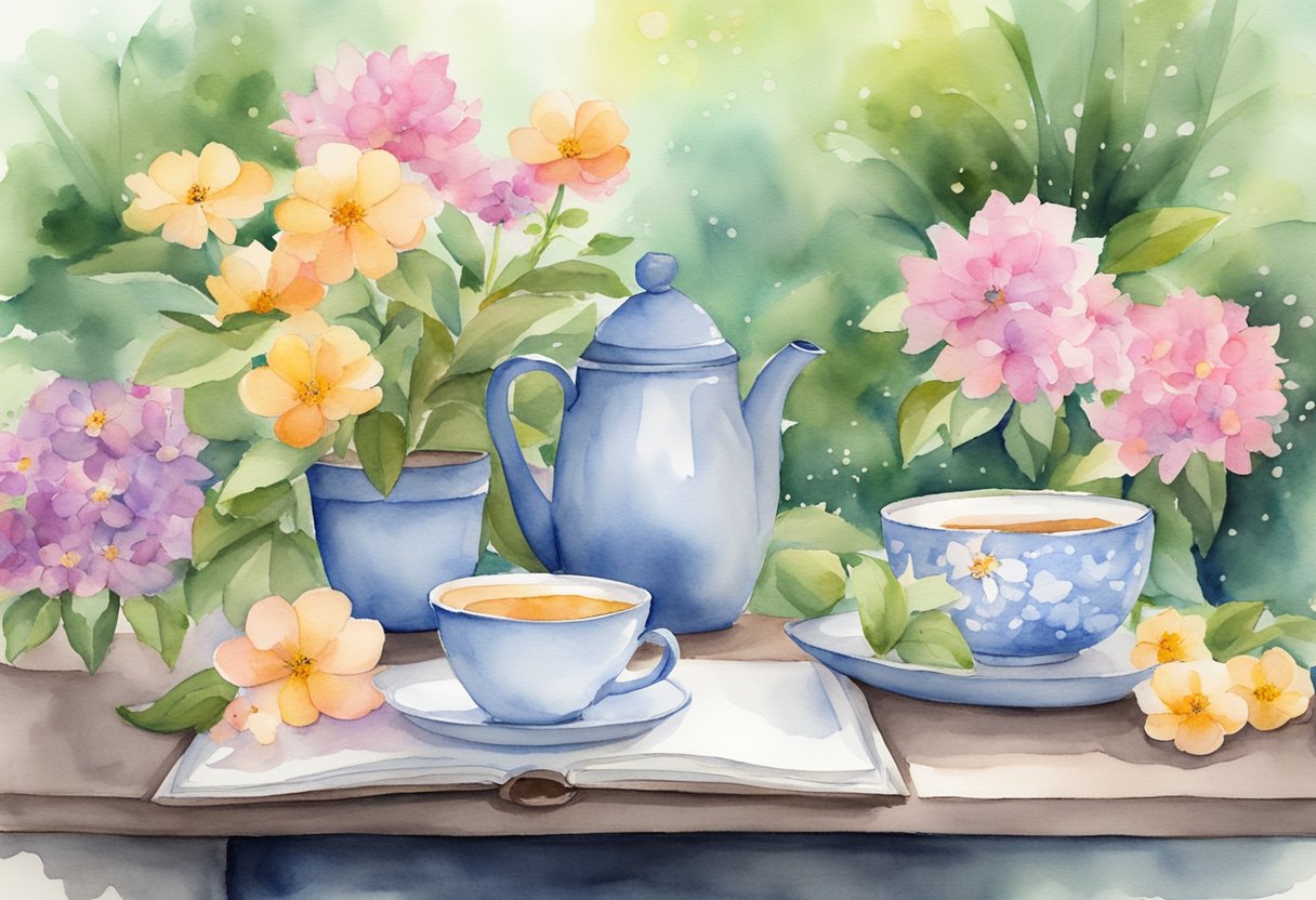 a digital watercolor of outdoor tea time