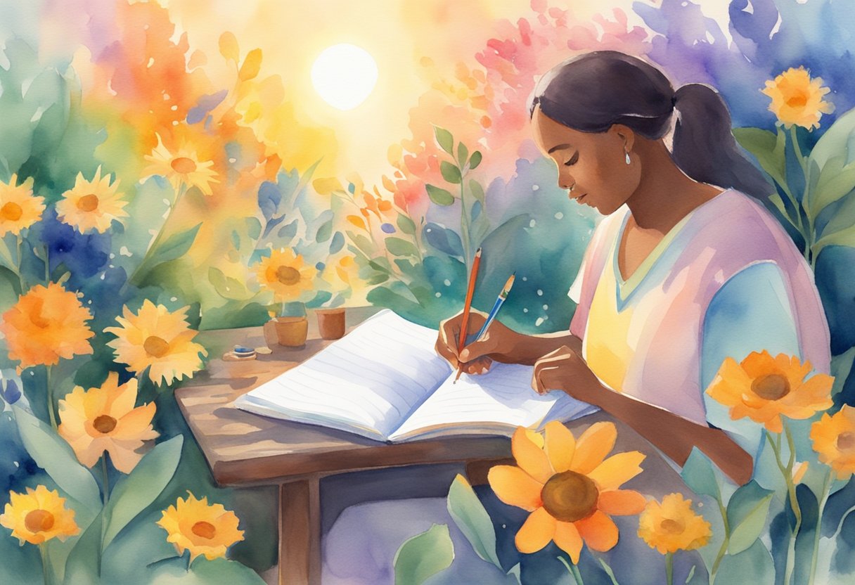 a digital watercolor of a woman sitting at a table writing in her journal with in a big bush of flowers