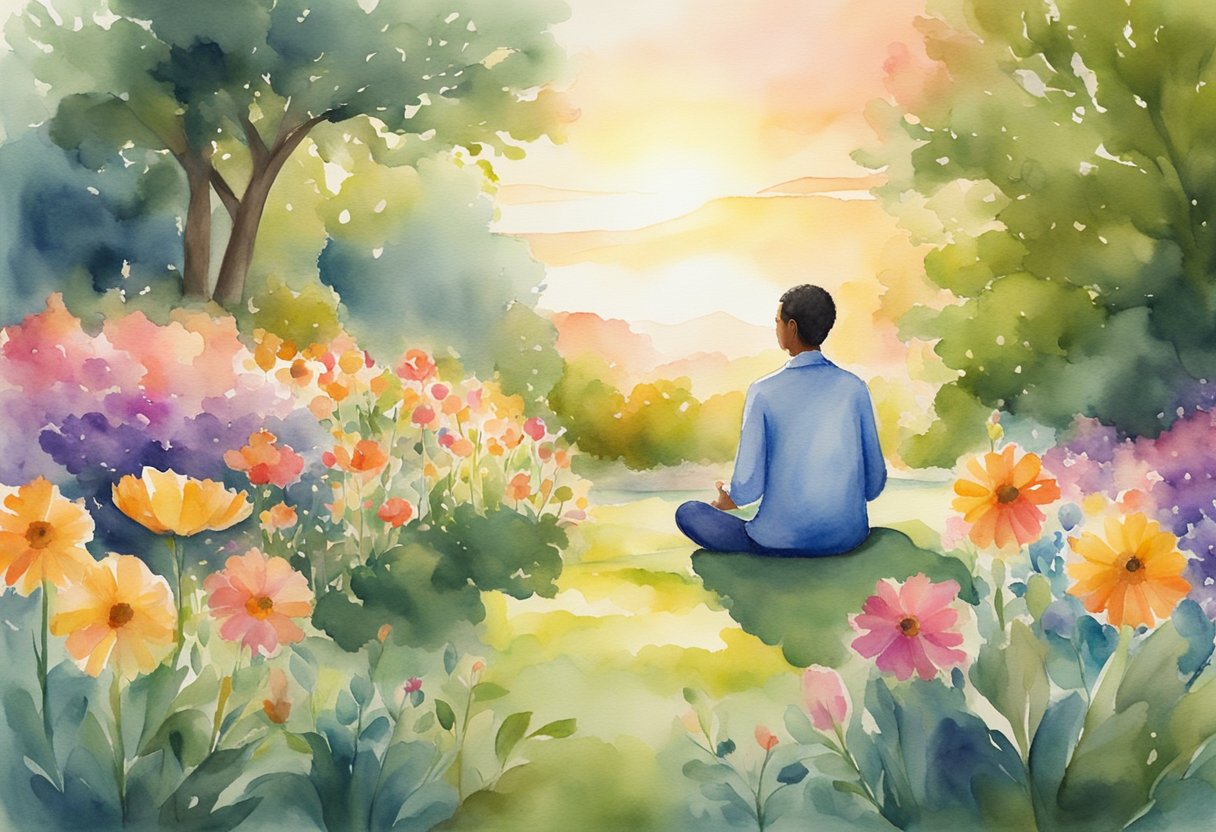 a digital watercolor of a man meditating in a field of flowers atr sunset
