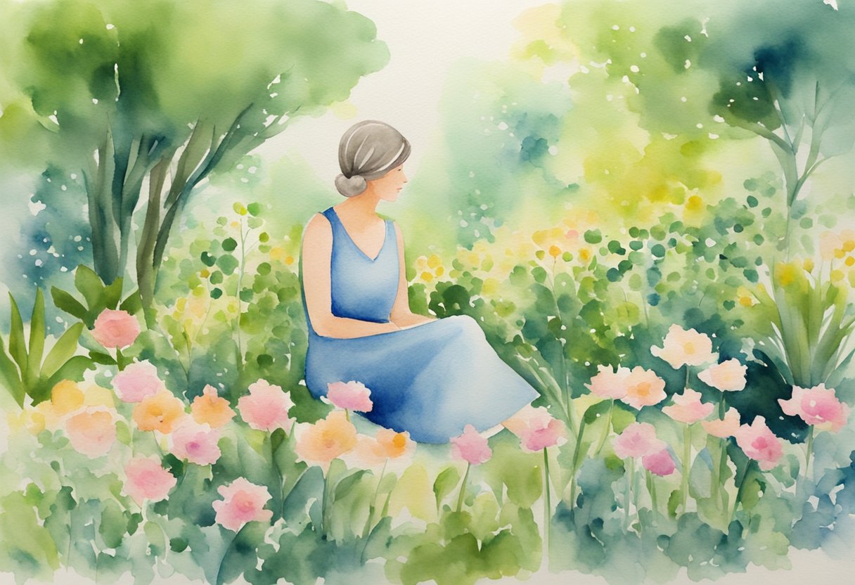 A digital watercolor of a woman sitting in a field of flowers