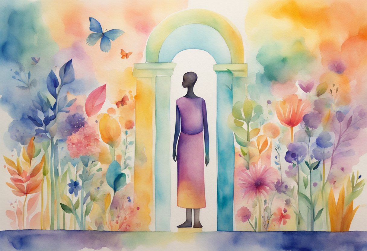 a digital watercolor of a person standing under an arch with folral on both sides