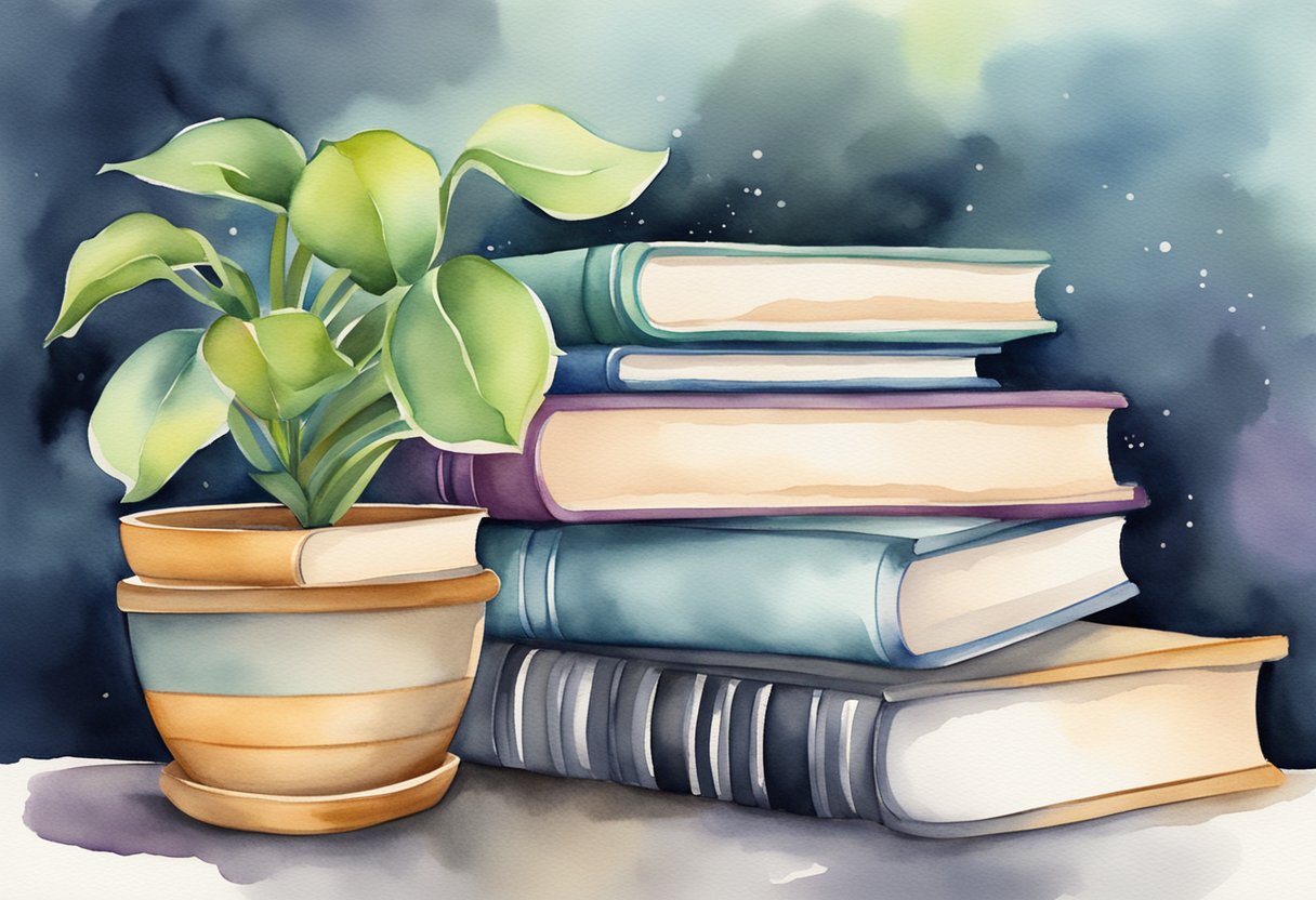 a digital watercolor of a plant and books