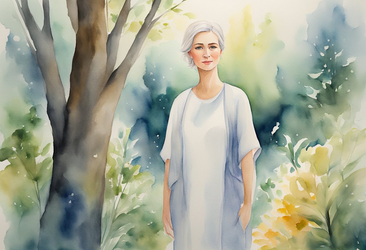 a digital watercolor of a woman standing next to a tree
