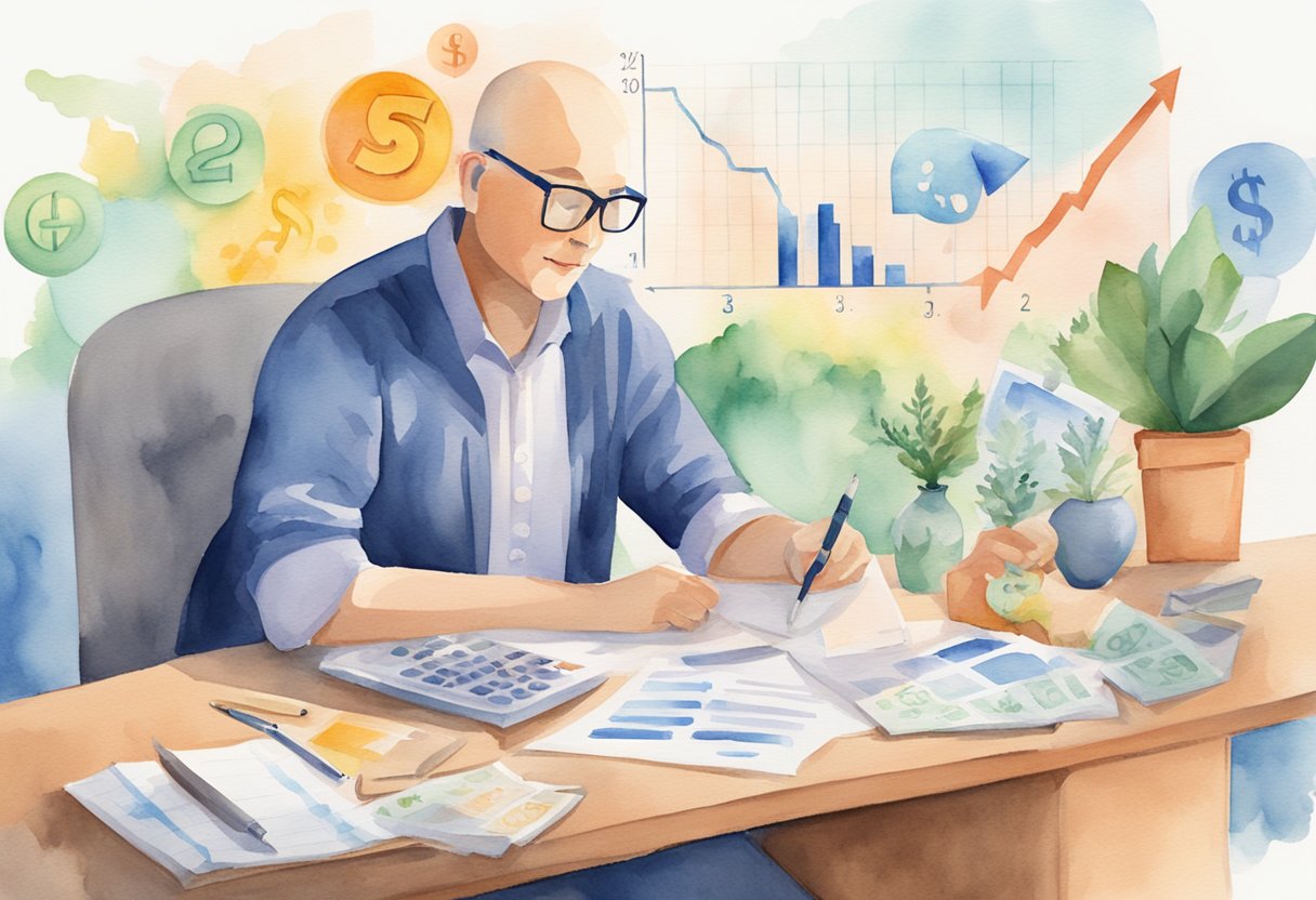 A digital watercolor of a man working on his medical bills