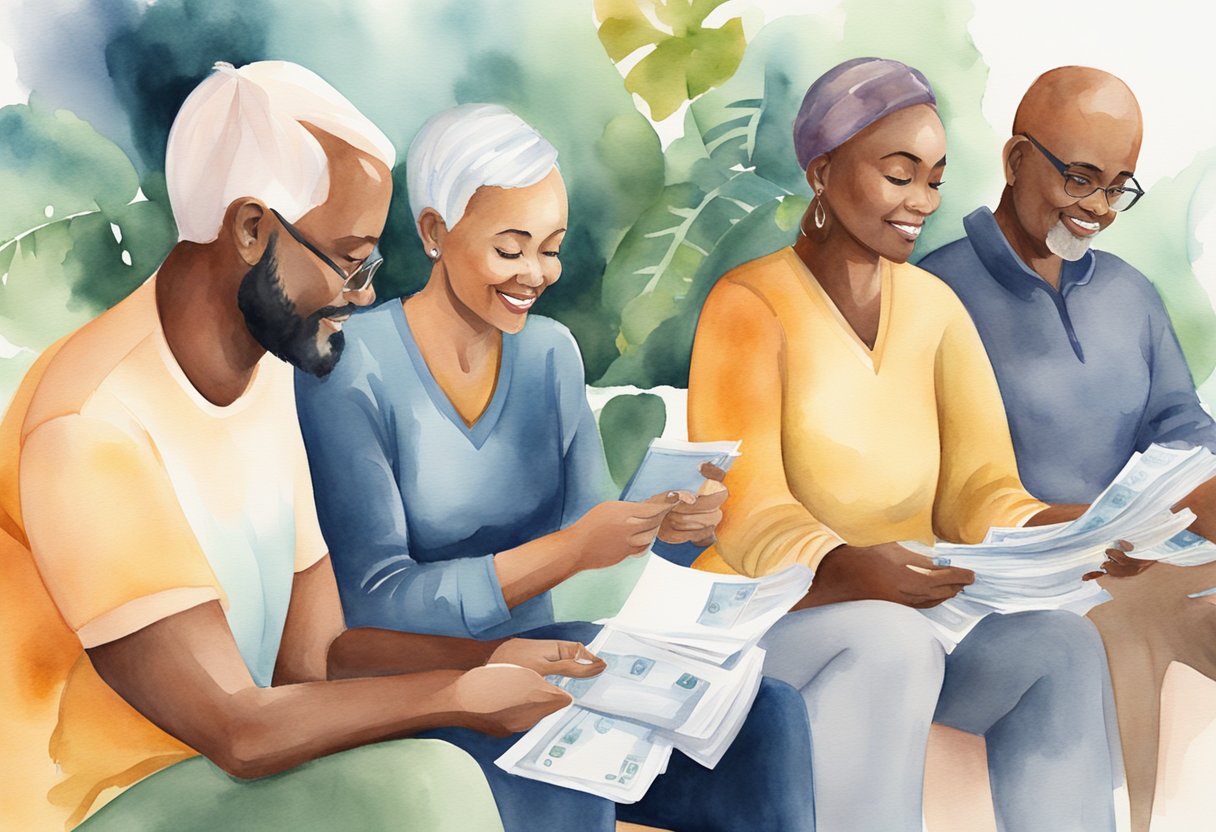 A digital watercolor of people going over medical bills