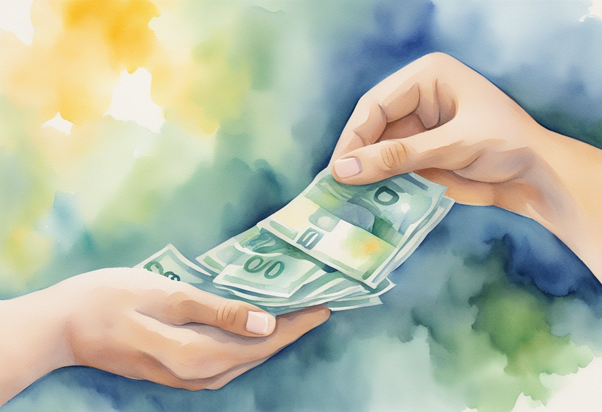 A digital watercolor of curency changing hands