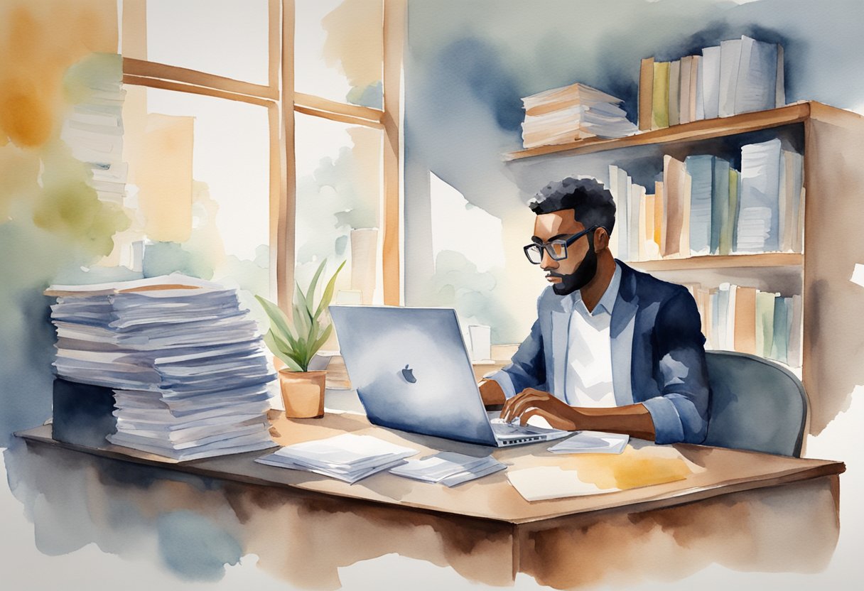 A digital watercolor of a man working on his computer