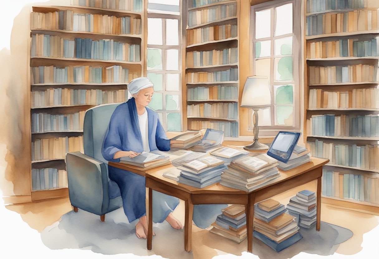 A digital watercolor of a woman reading at the library