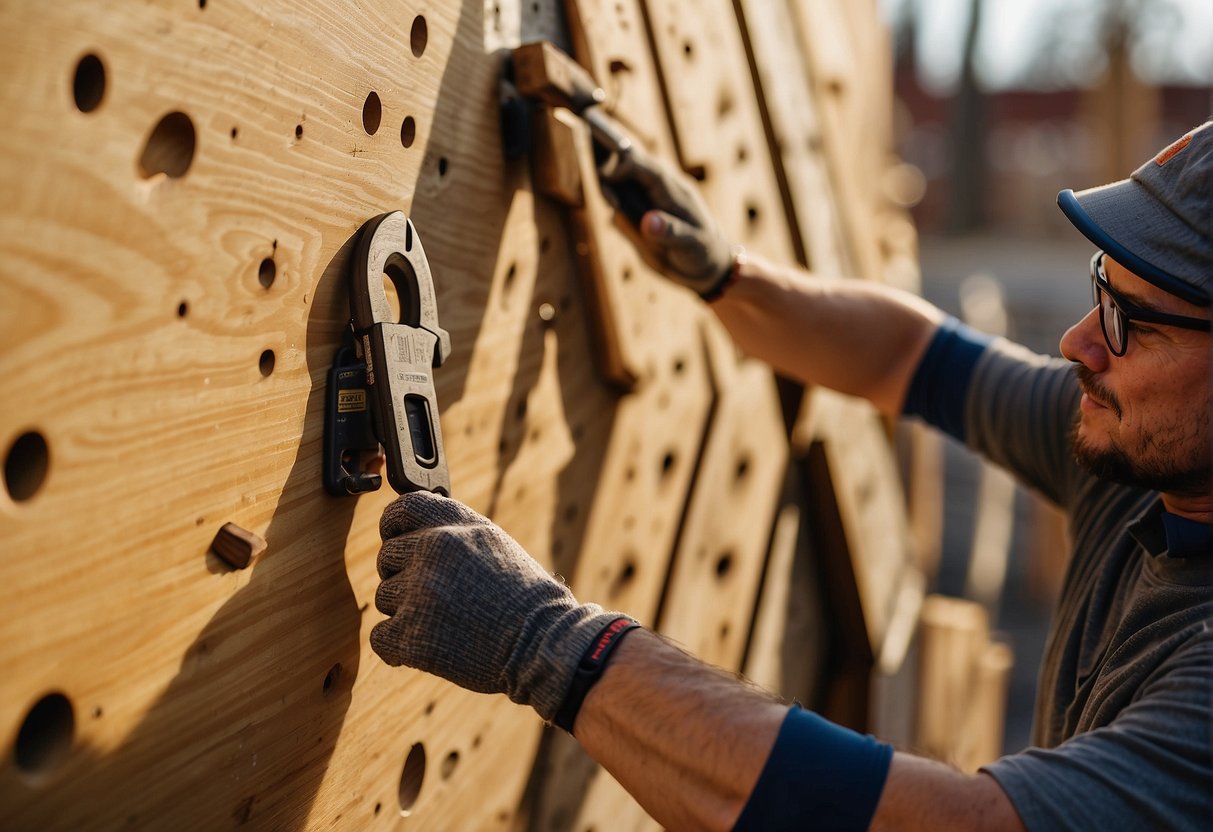 man with glasses using a tool to create a wall surface for a DIY rock climbing wall