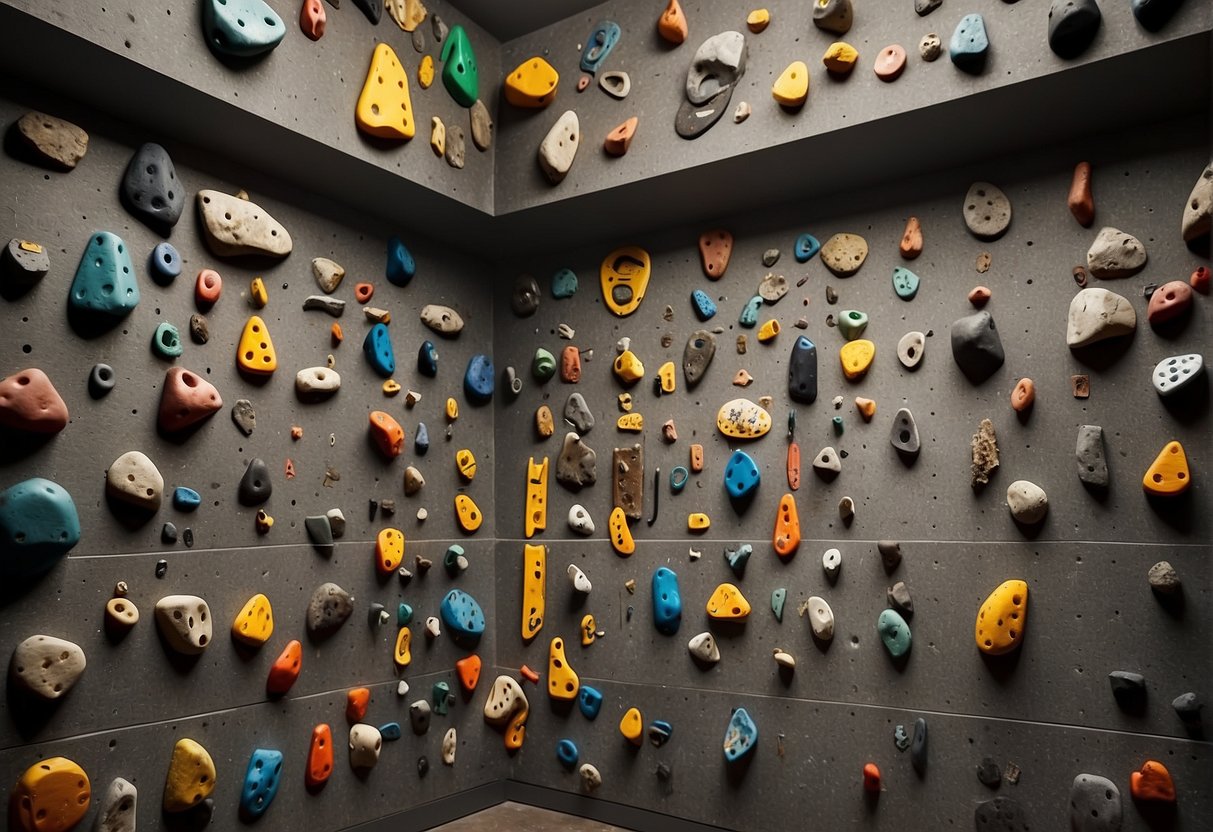 photo of various handholds on an indoor DIY rock climbing wall