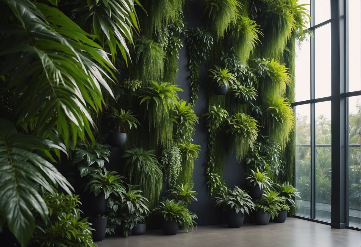 A stunning green wall showcasing an indoor vertical garden in an apartment with a view of trees.