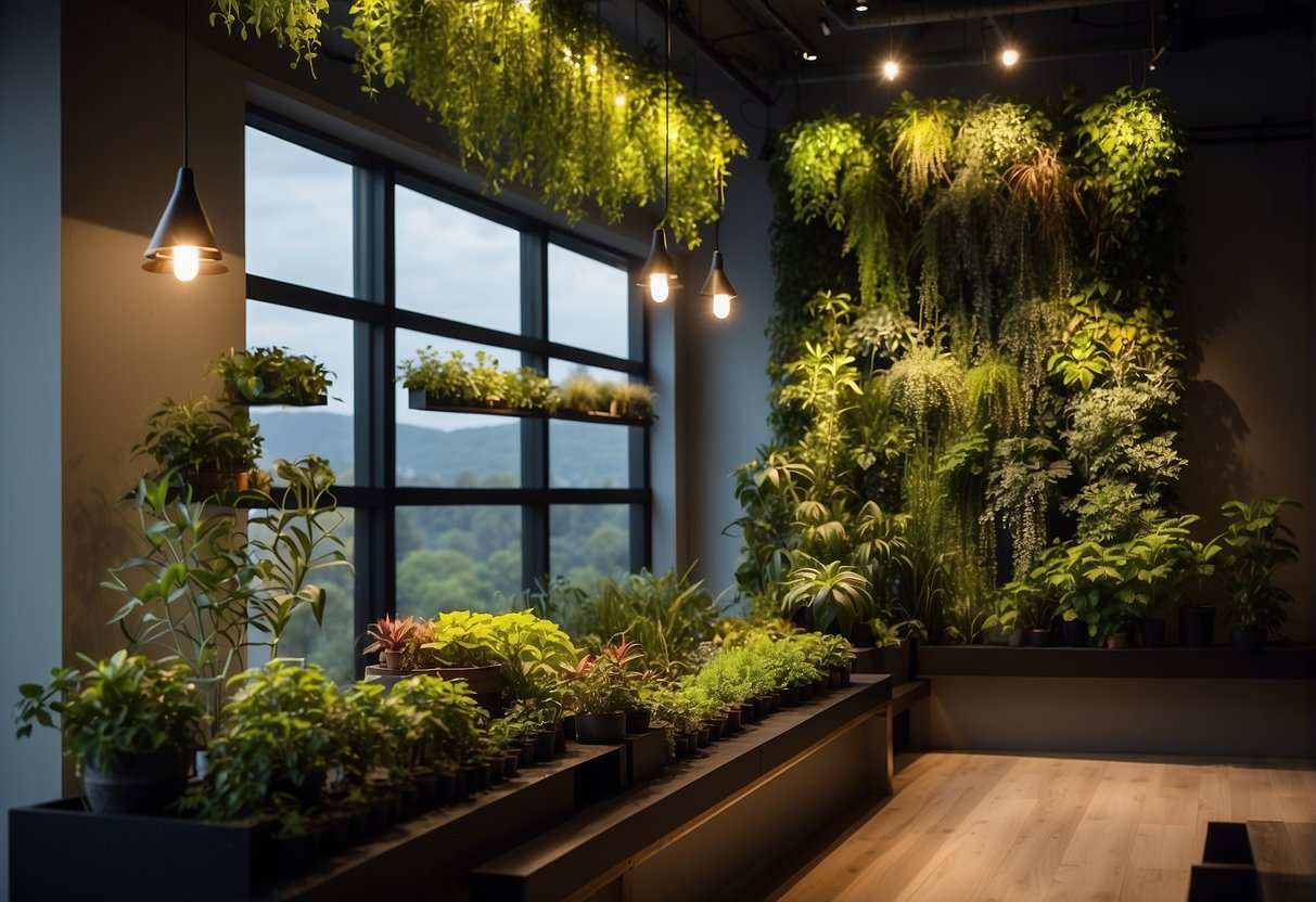 A beautiful indoor vertical garden with a green wall with a view of the forest.