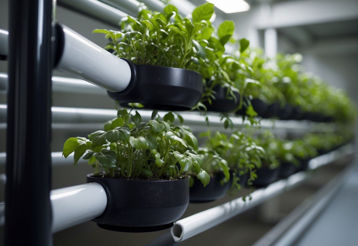 Close up of a range of seeds in black pots being grown in a row on a white and black metal or iron structure.