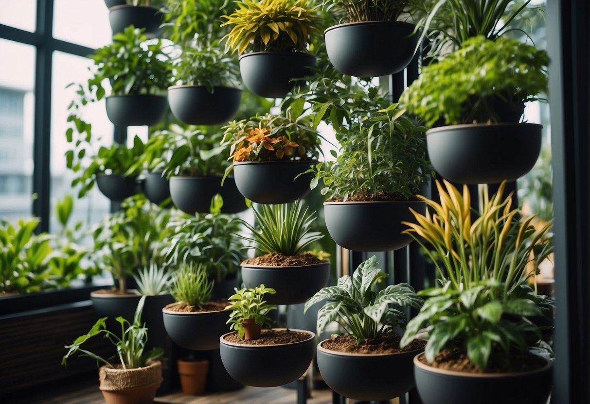 A ramge of different plants handing on an indoor vertical gardening structure made of iron.