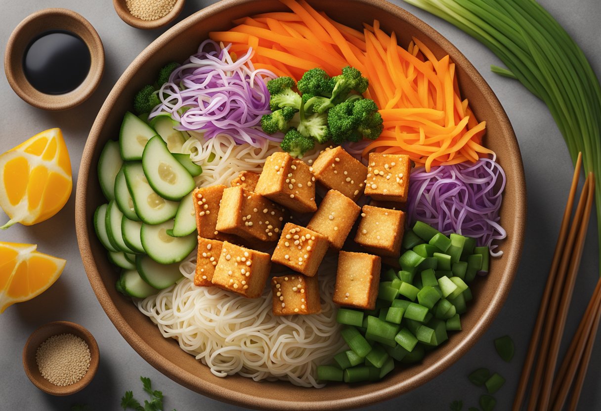 tofu with noodles and vegetables in a bowl