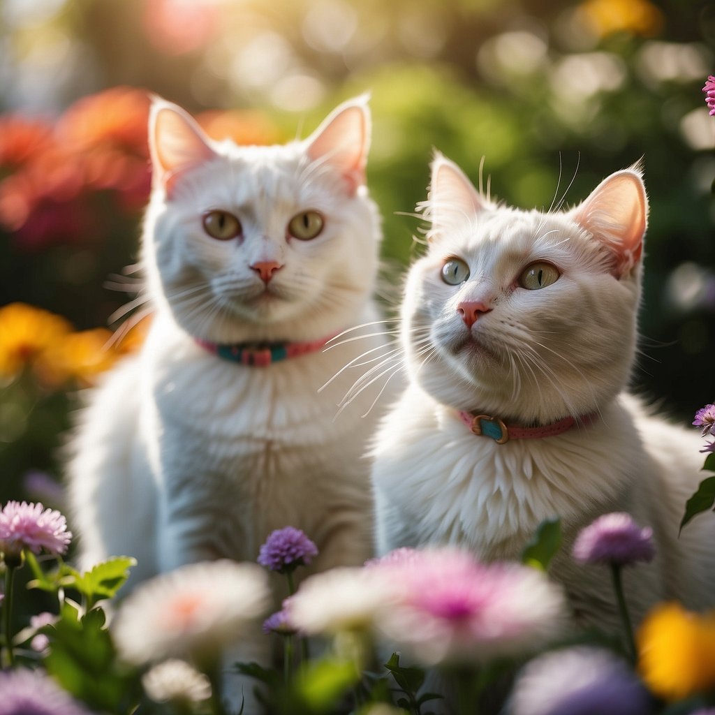 two white cats in garden