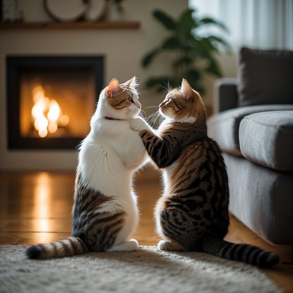 two embracing felines