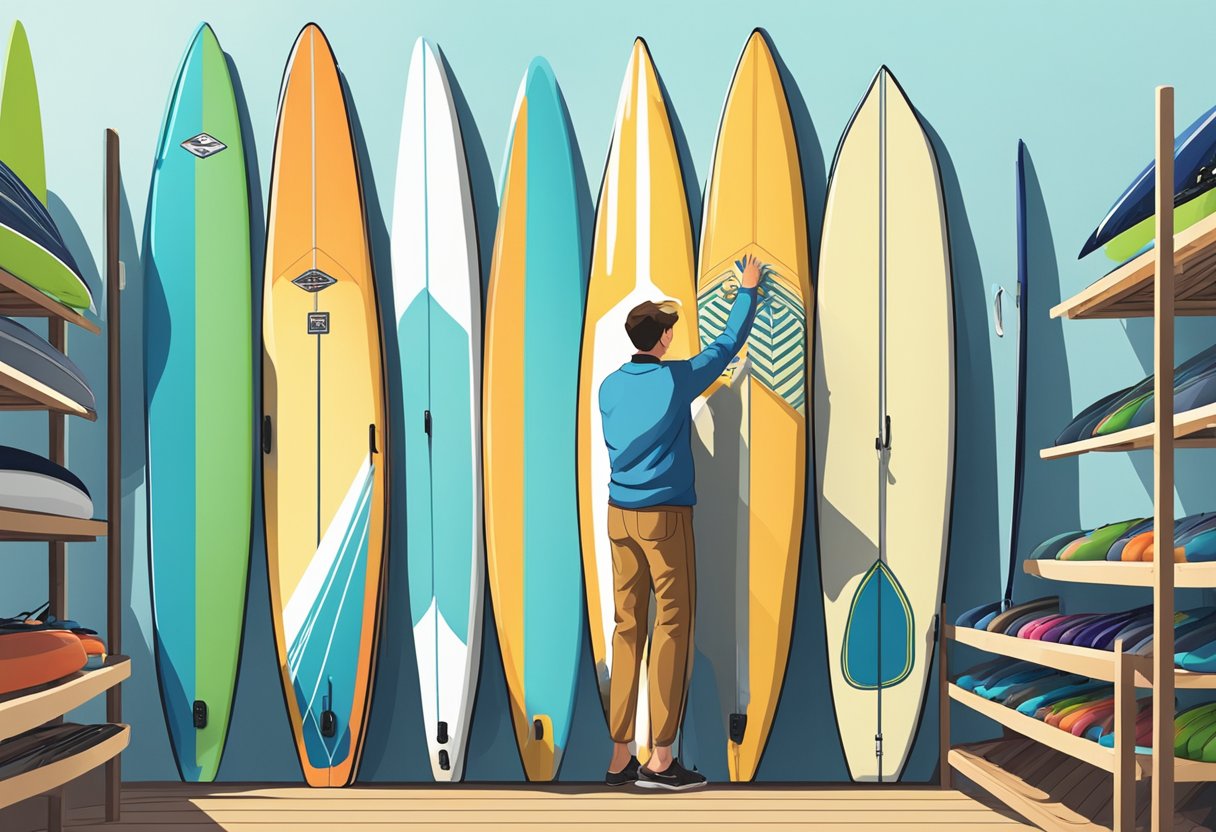Cartoon graphic of a man looking at different types of paddleboards while touching one