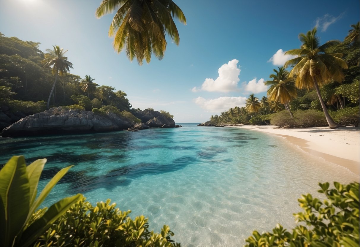 Tropical beach with clear blue water and palm trees 