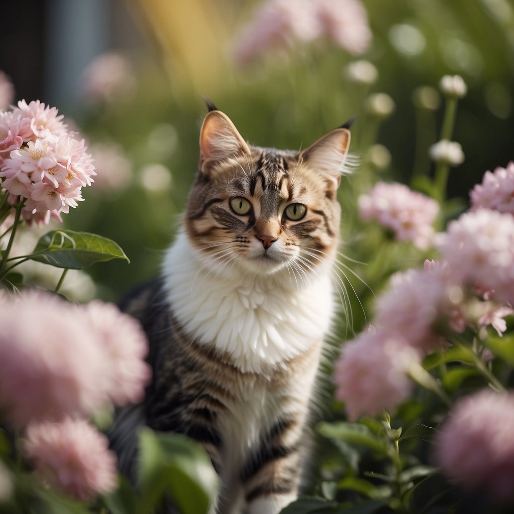 cat with pink flowers