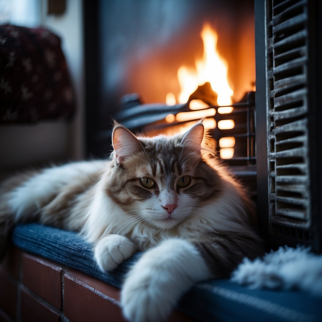 cat by fireplace